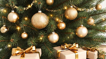 Christmas tree decorated with gold baubles, garlands and warm lights, with gold gifts tied with bows underneath on a beige floor. Creates a cozy festive atmosphere for seasonal or retail content.