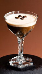 Macro shot of a futuristic faceted-stem cocktail glass with a dark espresso sour drink. High-end mixology concept showcasing modern bar aesthetics.