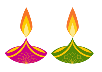 Two decorative diwali oil lamps isolated on transparent background