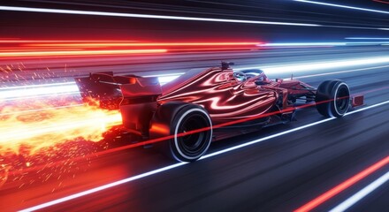 a formula one race car, sleek and aerodynamic design, vibrant red color scheme, dramatic lighting and motion blur effect, high-speed action