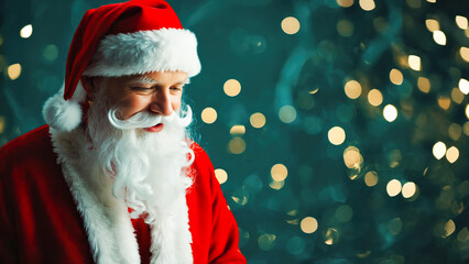  Santa Claus in traditional costume standing on festive green background with glowing Christmas lights, symbolizing New Year celebration and holiday character.