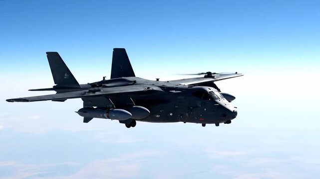 Formidable military tiltrotor aircraft in sleek gray soars through cloudy high altitude skies on a classified special operations mission, showcasing speed, power and advanced aviation capability