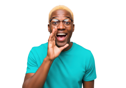 Excited man shouting loudly wearing glasses and a teal t-shirt portrait isolated on transparent background - Powered by Adobe