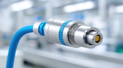 Medical electronics factory, A close-up image of a polished connector fitting, highlighting its metallic design and blue tubing against a blurred industrial background.