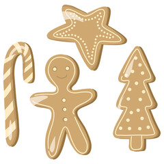 Collection of festive gingerbread cookies including star, candy cane, tree, and gingerbread man. Perfect for Christmas cards, posters, packaging, stickers, and seasonal holiday projects.