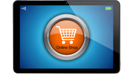 Effortlessly browse and buy with a vibrant tablet displaying an intuitive online shop interface and shopping cart icon