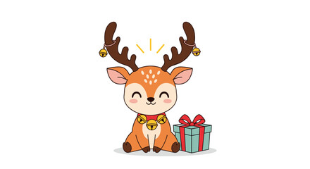 Naklejka premium A cute reindeer with bells and a gift.