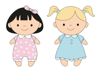 Baby girls. Set of babies. Cute cartoon babies. Newborns in dress. Smiling baby dolls
