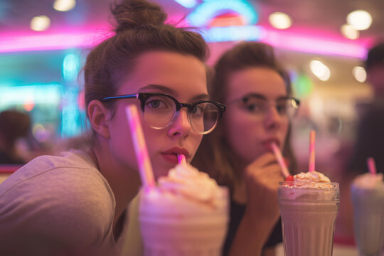 Teens enjoying vintage milkshakes in a colorful diner atmosphere