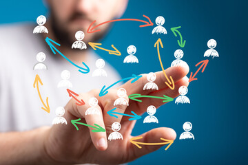 Hand interacting with network icons. Represents connection, teamwork, communication, global...