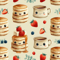Whimsical Pancake Pattern with Smiling Stacks and Fresh Ingredients