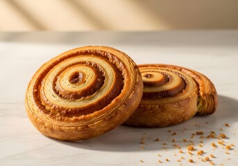 Fototapeta premium Cinnamon Rolls on White Surface – Freshly Baked Sweet Treats with Sugar Sprinkles