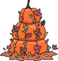 Autumn Pumpkins Stacked with Leaves Illustration