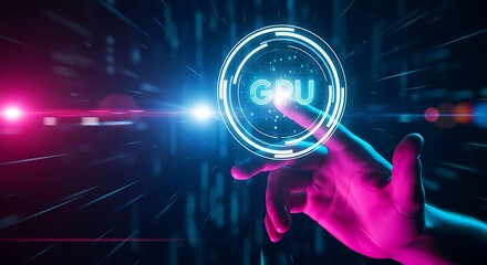 Hand Interacting with Glowing GPU Interface on Futuristic Digital Background Representing Advanced Technology and