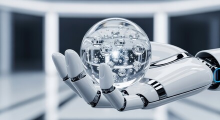 Robotic Hand Holds Futuristic Crystal Ball With Digital Network