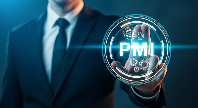 Man In Suit Touching a PMI Digital Interface Symbolizing Management and Technology Solutions innovation productivity for - Powered by Adobe