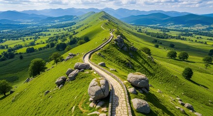 Scenic Pathway Over Lush Green Rolling Hills Under Blue Sky