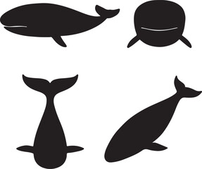 Big whale silhouette icons set side, front, back, and top views vector art illustration