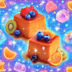 Soft Caramel Custard Desserts with Fruit and Colorful Background