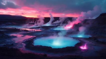 Fototapeta premium Vibrant geothermal pools at sunset, emitting steam and glowing with colorful light