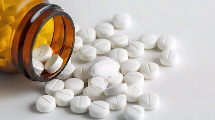 Top View of Spilled White Pills: A High-Angle Macro Shot with Ample Copy Space