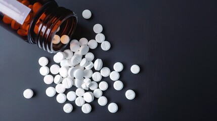 Top View of Spilled White Pills: A High-Angle Macro Shot with Ample Copy Space