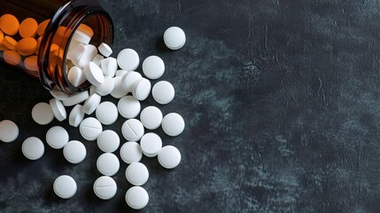 Top View of Spilled White Pills: A High-Angle Macro Shot with Ample Copy Space