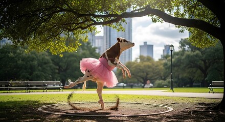 Cow ballerina dancing in park