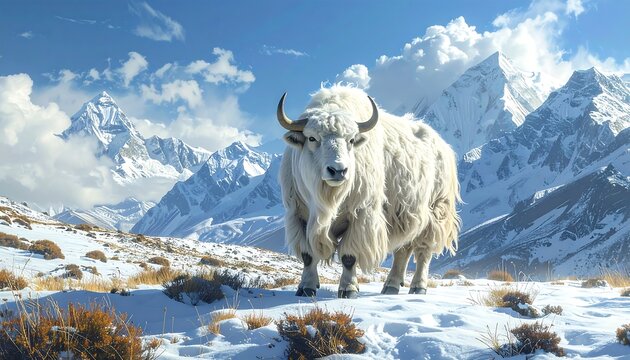 Majestic white yak in snowy mountains
