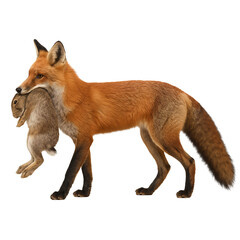 Fototapeta premium Fox with a mouse on a transparent background. Wildlife. Predator. Hunting. Nature.