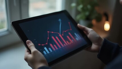 Person analyzes market trends on a tablet with red and blue graph, financial data review - Powered by Adobe