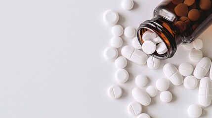 Top View of Spilled White Pills: A High-Angle Macro Shot with Ample Copy Space