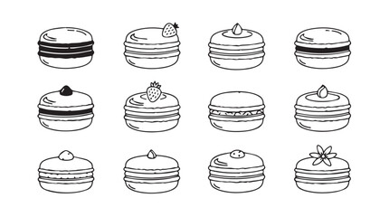 Collection of delicious hand drawn macarons and pastries ideal for sweet treats and dessert designs vector