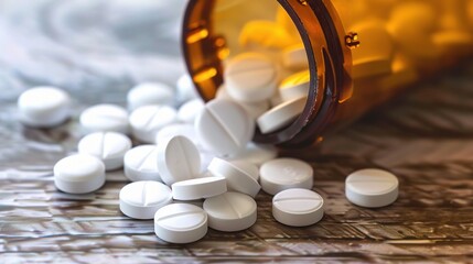 Top View of Spilled White Pills: A High-Angle Macro Shot with Ample Copy Space