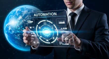 Man in Suit Using Automation Technology Interface with Earth in Background Showing The Future of Digital Transformation