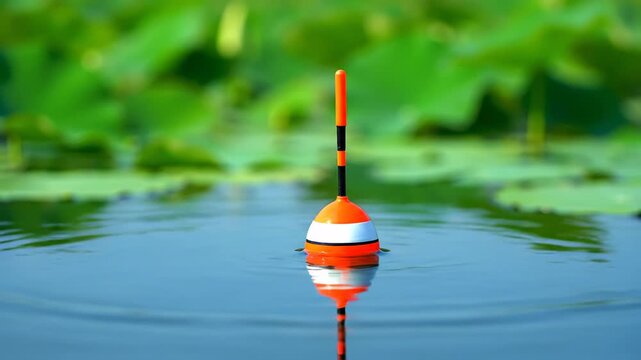Bright orange fishing float bobbing on the water of a tranquil pond. The reflection of the bobber is visible on the calm blue water