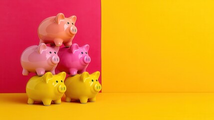 Stack of colorful ceramic piggy banks against a split background of pink and yellow