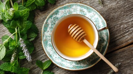Fototapeta premium A cup of golden honey with a wooden dipper sits on a saucer beside fresh mint leaves on a wooden table