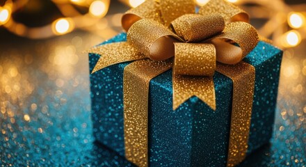 Sparkling Teal Gift Box with Golden Ribbon and Bokeh Lights