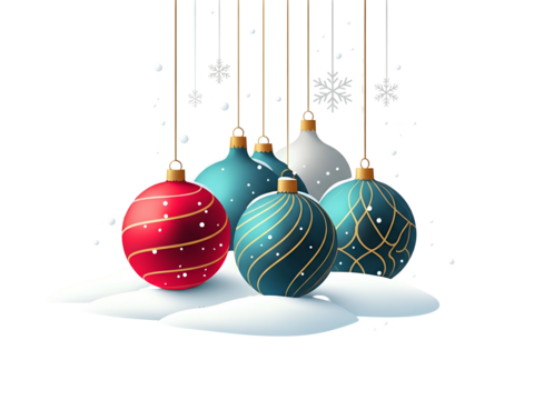 Five colorful Christmas ornaments hang above snow, with snowflake details and a festive, decorative feel.