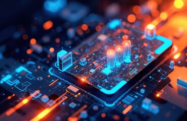 Obraz premium Close-up of a futuristic digital circuit board with glowing blue and orange lights illustrating technology and innovation