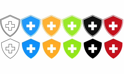 Vector set of medical shield icons with white cross in center, multicolor design. Symbol of health, protection, safety, insurance, emergency, and care services.