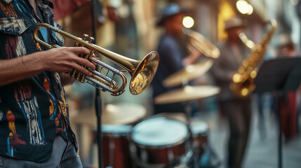 Fototapeta premium A small jazz band with trumpet, saxophone and drums performs in the French Quarter of New Orleans, Mardi Gras, Jazz Month atmosphere.