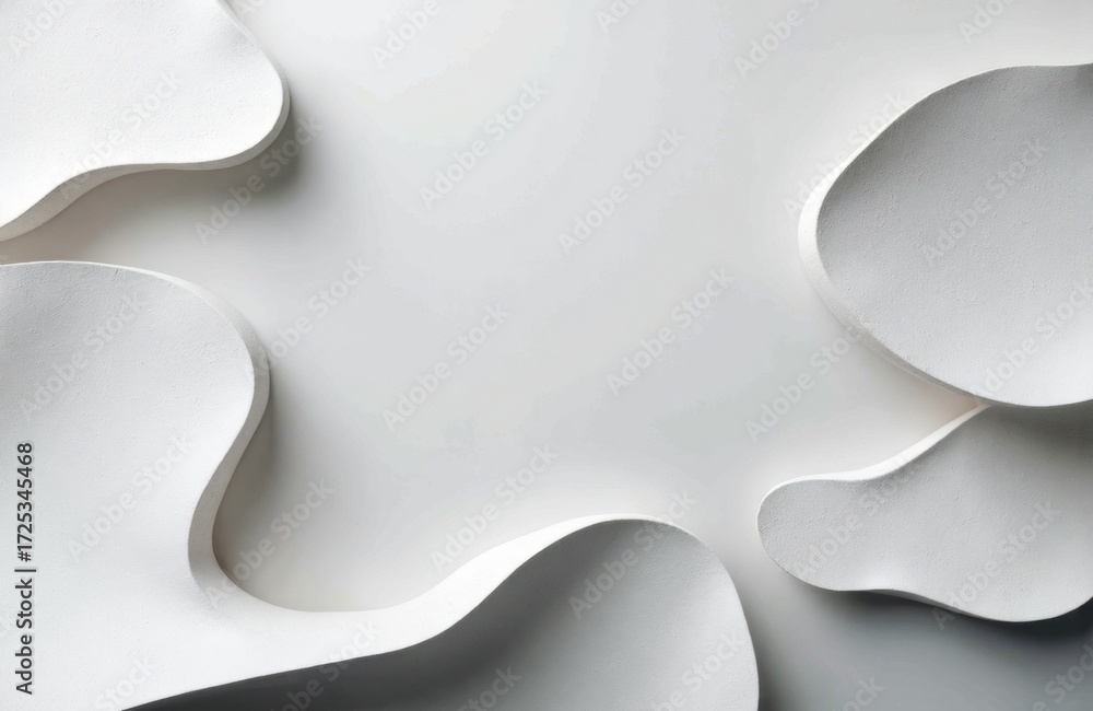 Poster minimalist white paper cutouts with smooth, flowing curves creating abstract shapes on a clean backg