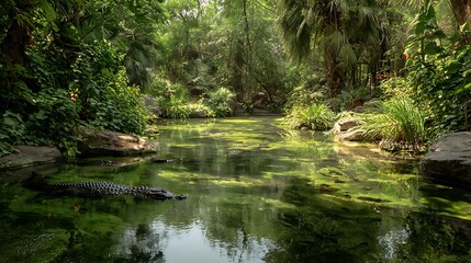 Wild jungle river, green waters reflecting dense foliage, subtly reveals a powerful alligator lurking. A serene, untamed tropical ecosystem