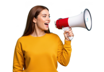Young woman actively shouting into a red and white megaphone announcing information loudly isolated on transparent background