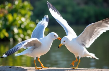 Obraz premium Seagulls interacting near water with blurred greenery in background