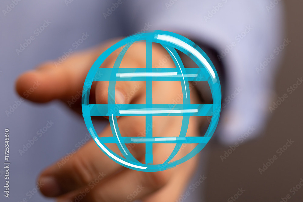 Poster high-quality image depicting a hand interacting with a digital world globe, symbolizing connection a