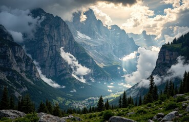 Fototapeta premium Majestic mountain landscape with towering peaks and lush green valley