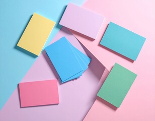 Fototapeta premium A delightful array of blank pastel cards, artfully arranged on a modern geometric background, perfect for creative projects, personalized notes, and stylish communication needs